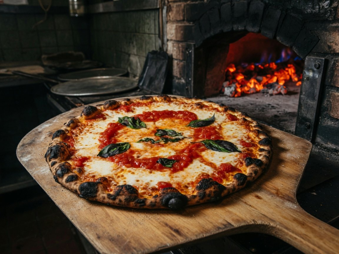 A whole coal-oven pie with leopard-spotted char