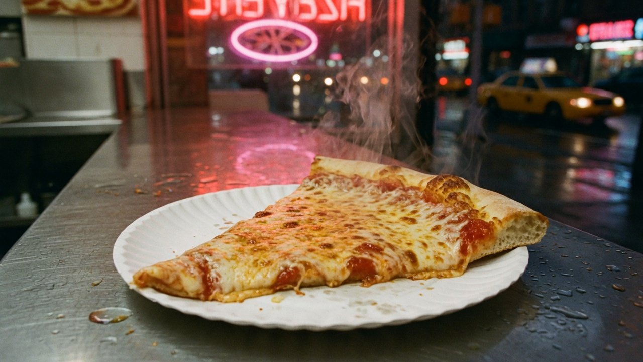 A New York cheese slice on a paper plate at a neon-lit pizza counter at night