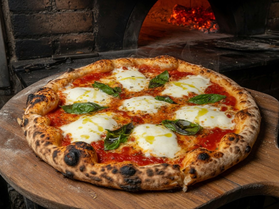 A wood-fired Neapolitan margherita with puffy crust