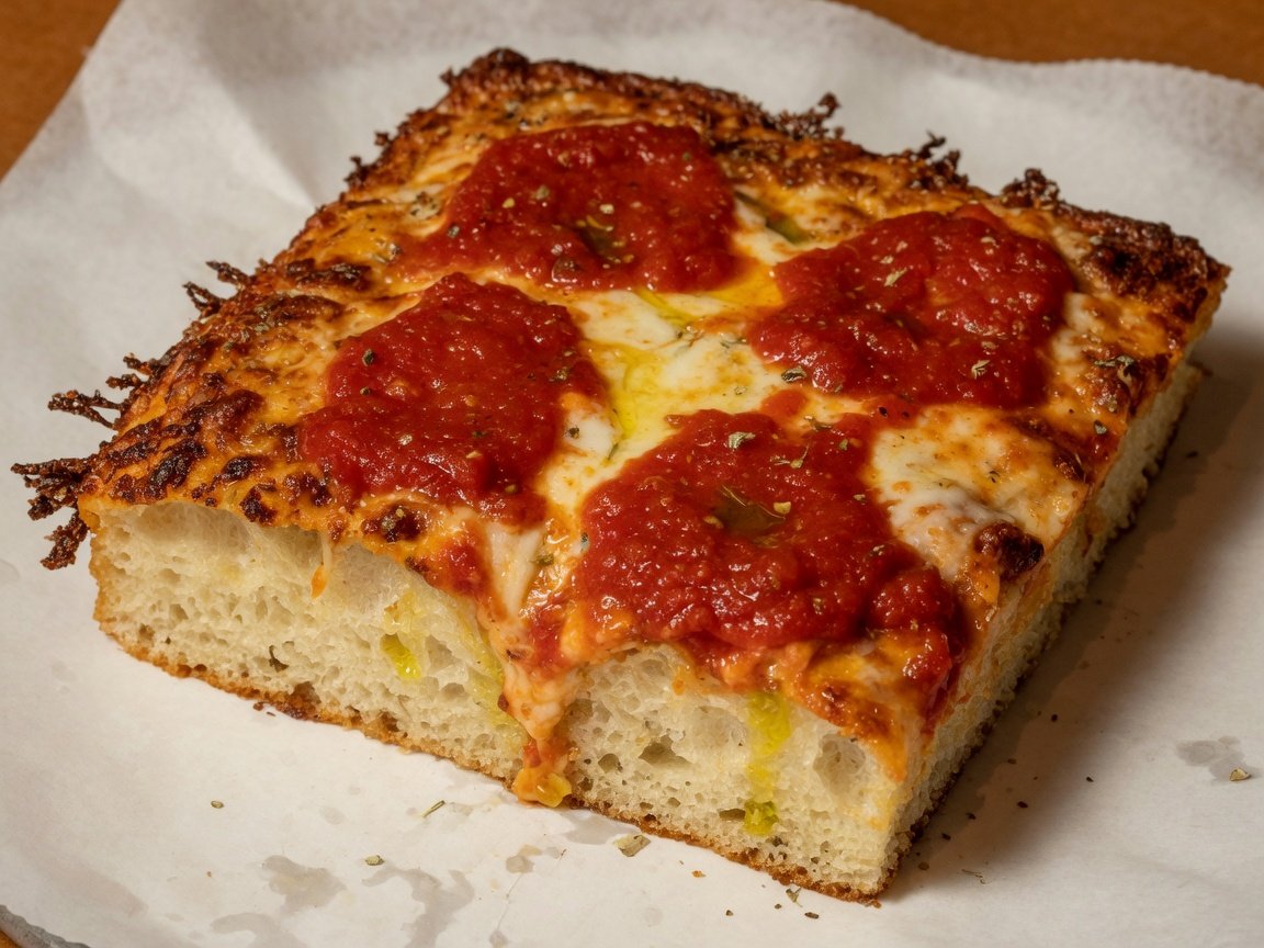 A thick Sicilian square slice with caramelized cheese corners